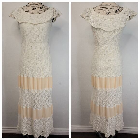 Flying Tomato Slip Maxi Dress SZ S Crochet Off Shoulder Semi Sheer Fisherman - Picture 1 of 8